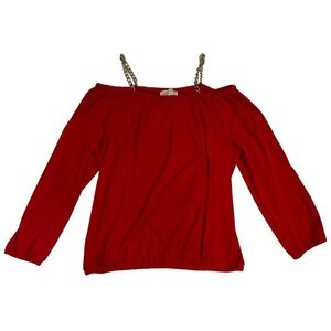 Michael‎ Kors Womens Red Off Shoulder Gold Chain Strap Blouse Size Large Holiday